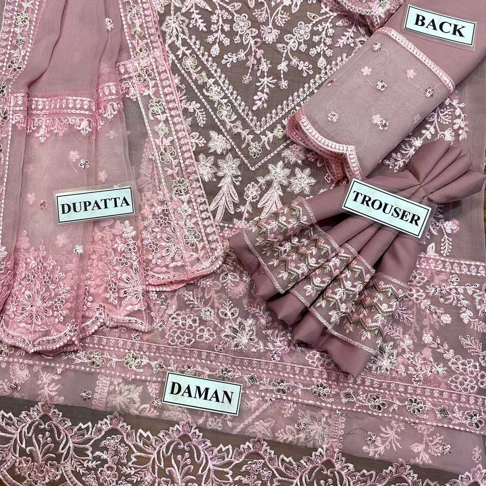 PINK EMBROIDERED CHIFFON SUIT - Image 3